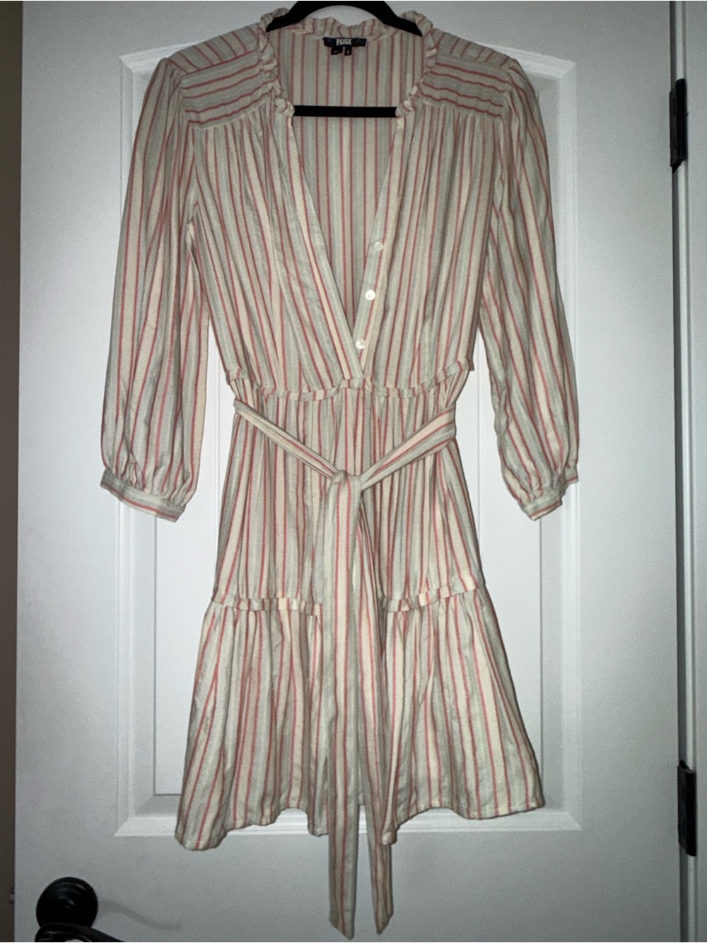 PAIGE Striped Tie-Waist Midi Dress in Cream and Pink